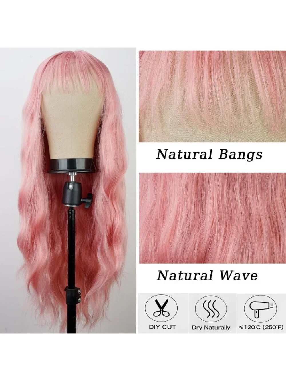 Women's Pink 26 Inch Natural Looking Synthetic Fiber Long Wavy Wigs Bangs